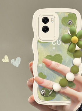 适用于vivoY72t手机壳小清新绿色油画爱心挂链vivoV2164A创意波浪边硅胶套全包边防摔软壳