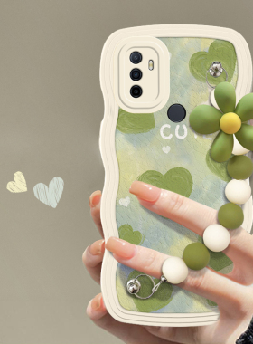 适用于OPPOA11s小清新手机壳时尚潮流绿色油画爱心挂链OPPOPDVM00创意大波浪保护套镜头全包硅胶防摔软壳
