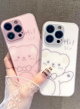 适用苹果16promax手机壳15新款14金属漆ip13玻璃12mini全包11小熊xsmax情侣8创意简约6s防摔7保护套SE23高级