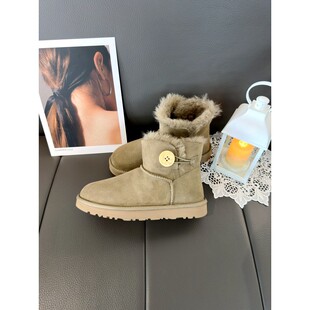真皮木扣雪地靴女皮毛一体东北加绒保暖桑坡羊毛防滑加厚短筒棉鞋