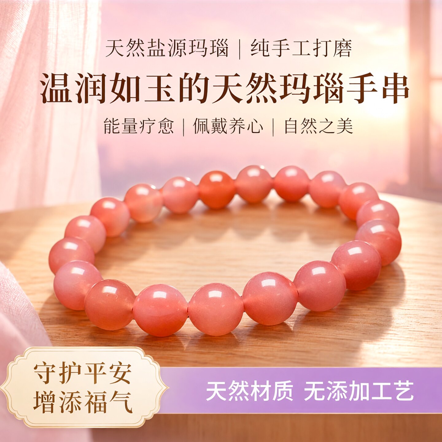 天然盐源手串冰粉红玛瑙手链蜜桃南红粉糯粉润色单圈素圈少女粉
