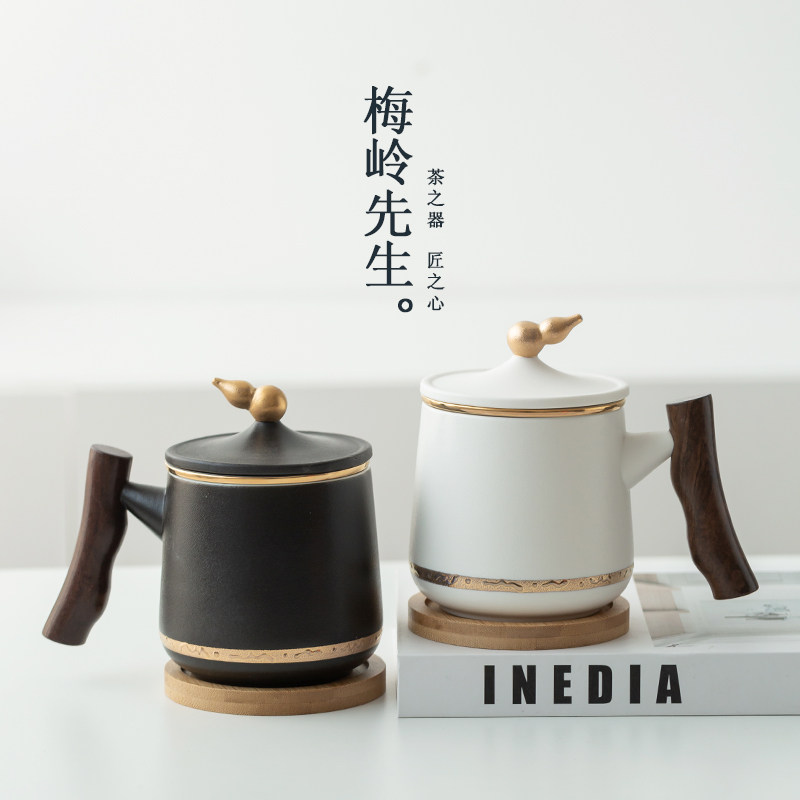 陶瓷金边葫芦泡茶马克杯带盖过滤水杯办公室茶水分离杯子定制刻字