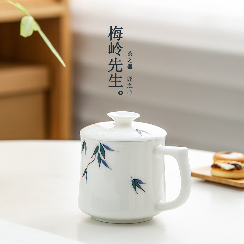 羊脂玉陶瓷纯手绘茶杯个人专用办公杯马克杯带盖水杯高档商务水杯