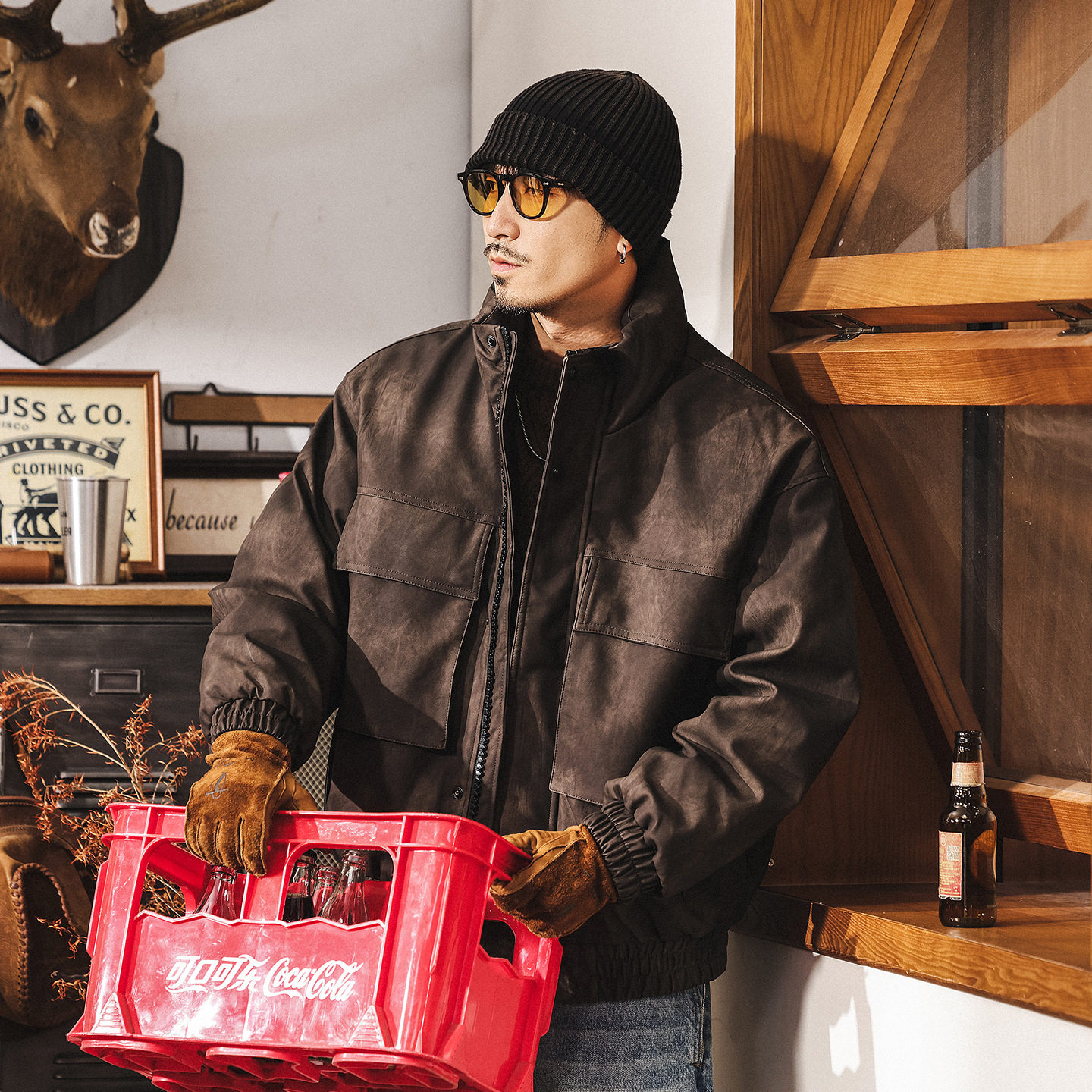 美式复古高蓬松90鸭绒工装羽绒服男款冬季加厚保暖机车皮夹克外套