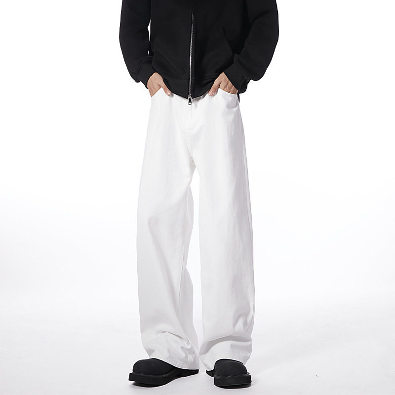 美式cleanfit白色弯刀牛仔裤男潮牌新款高街垂感宽松直筒阔腿长裤