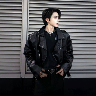 美式短款垫肩皮衣外套男春秋季潮牌痞帅炸街pu皮夹克高级感机车服