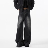 高街猫须水洗做旧痞帅宽松直筒弯刀阔腿长裤 牛仔裤 男cleanfit美式