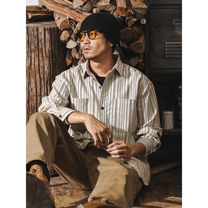 美式复古重磅条纹衬衫男长袖春季2026新款潮牌宽松休闲衬衣男外套