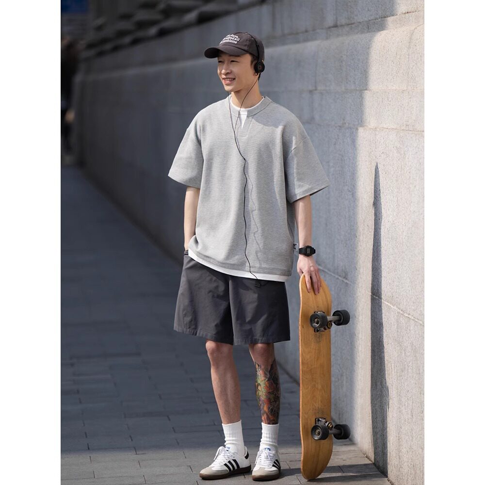 Cleanfit·美式猛男华夫格假两件重磅短袖T恤男女夏季v领宽松简约