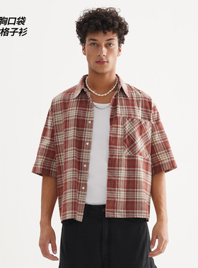 ETAI男装|高品质宽松流行短格衬衫休闲时尚开衫纽扣短袖衬衫