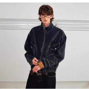 美式复古vintage立领牛仔外套男春秋新款街潮痞帅廓形重工装夹克