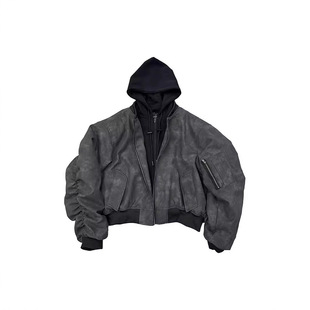 【专柜特价】猛男2026皮衣bomber双层假两件连帽外套飞行员夹克冬