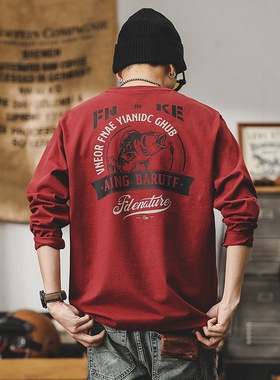 美式260g重磅长袖t恤男春季2024新款宽松上衣潮牌红色衣服男