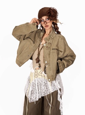 Arielink巴恩风工装牛仔外套女秋冬美式复古立领机车夹克衫上衣男