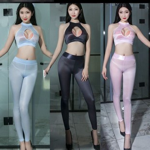 丝滑拉链裤光泽裤子女无缝一体连衣裤中间冰丝健美黑色全无缝开档