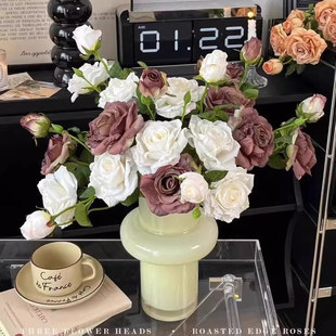 法式烤边多头玫瑰仿真花餐桌花摆花手捧花假花花束摆件仿生花干花