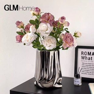 法式烤边多头玫瑰仿真花餐桌花摆花手捧花假花花束摆件仿生花干花