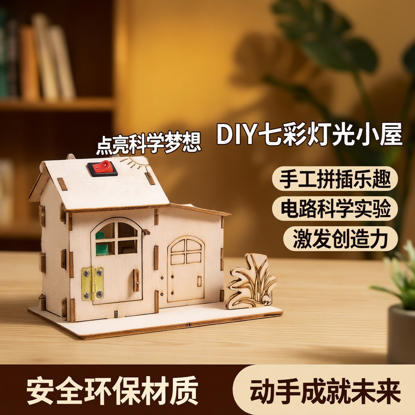 科技小制作DIY七彩灯光小屋手工房子模型拼插小木屋电路科学实验