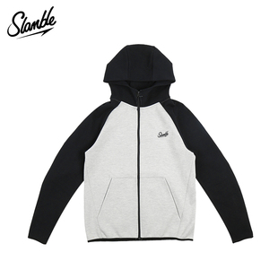 SLAMBLE冬季新款拼色空气层连帽卫衣男拉链运动跑步休闲百搭帽衫