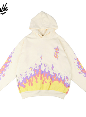 秋冬新款火焰印花连帽加绒卫衣男女休闲宽松套头帽衫潮流