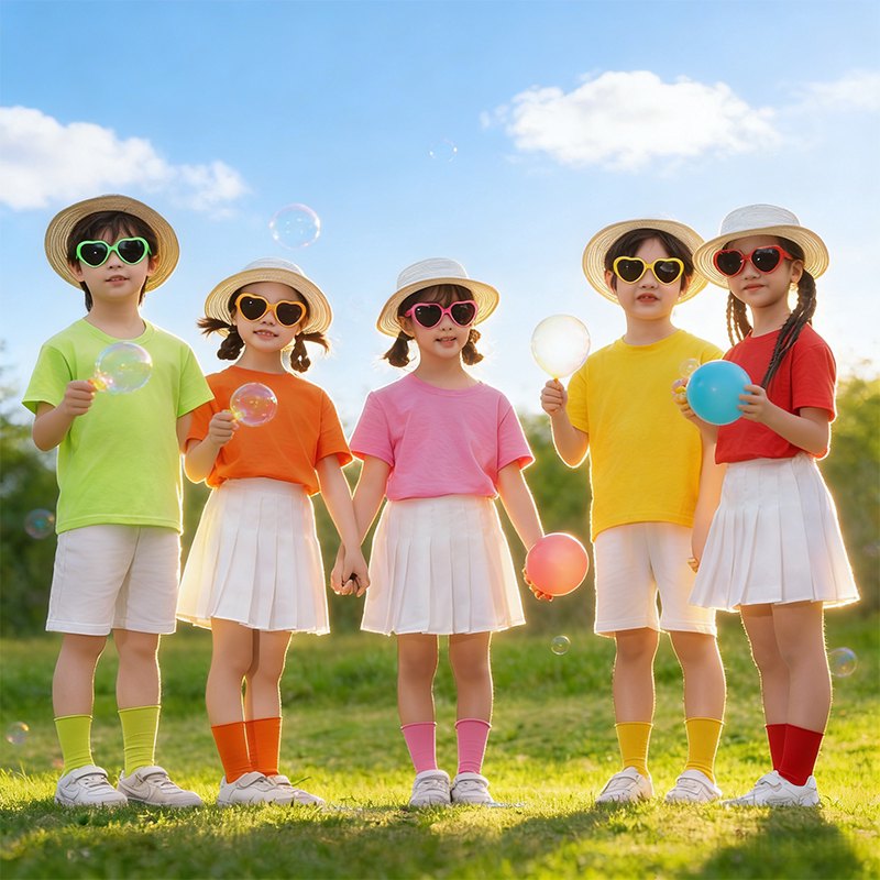 儿童夏季纯棉纯色圆领t糖果色彩色半袖幼儿园小学生演出表演服T恤