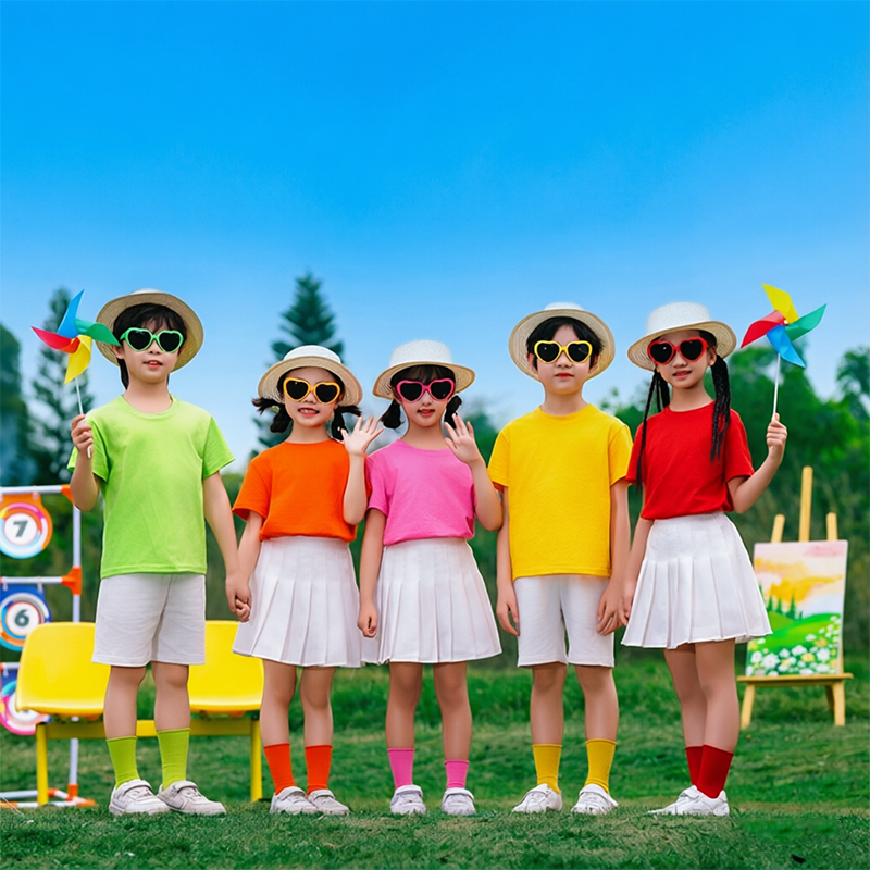儿童夏季纯棉纯色圆领t糖果色彩色半袖幼儿园小学生演出表演服T恤