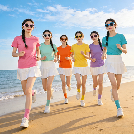 夏季多巴胺纯棉糖果色姐妹装闺蜜套装半袖t恤女彩色上衣短袖体恤