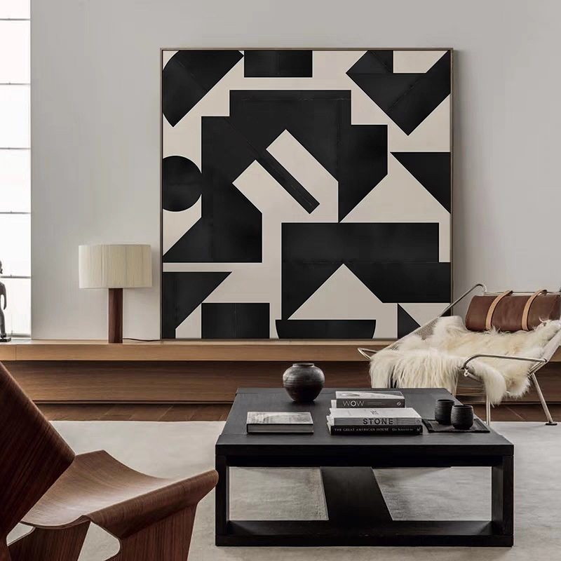 现代简约几何抽象挂画酒店样板间装饰画客厅墙图形正方形黑白壁画
