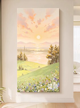 绿色山野风景肌理纯手绘油画客厅日出东方装饰画玄关走廊过道挂画