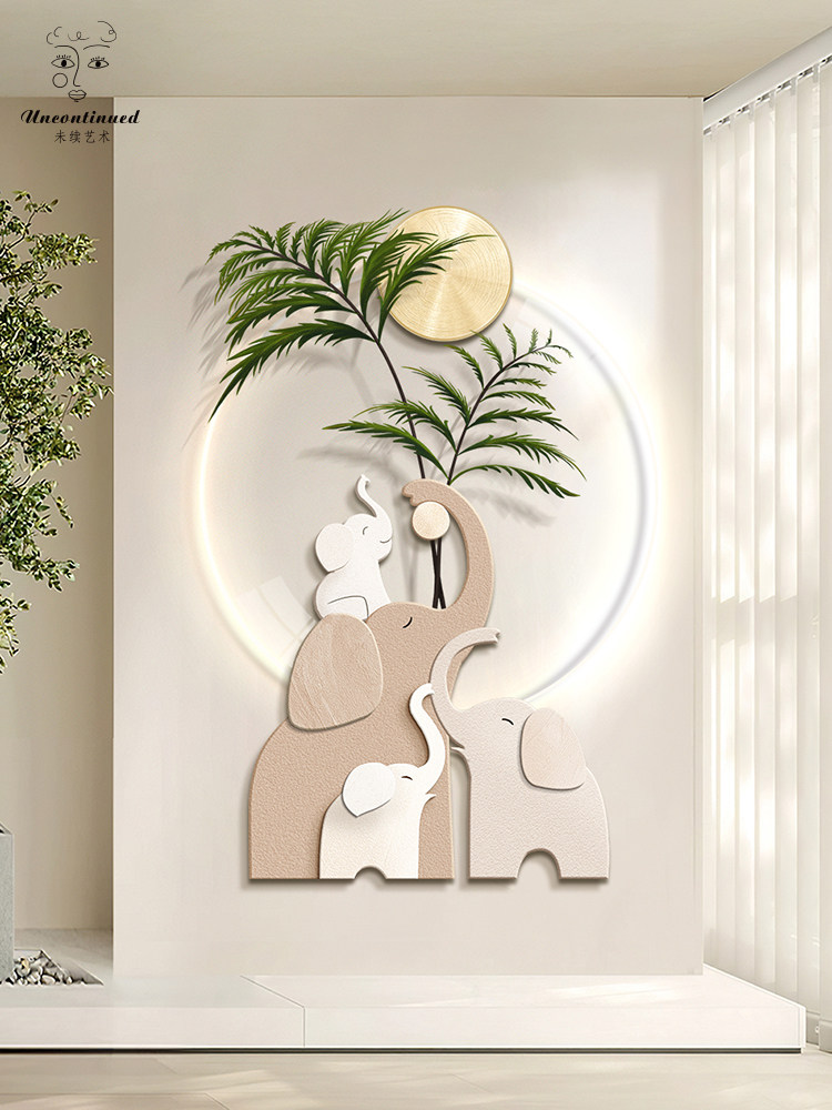 一家四口大象入户玄关装饰画走廊过道led发光挂画客厅寓意好壁画