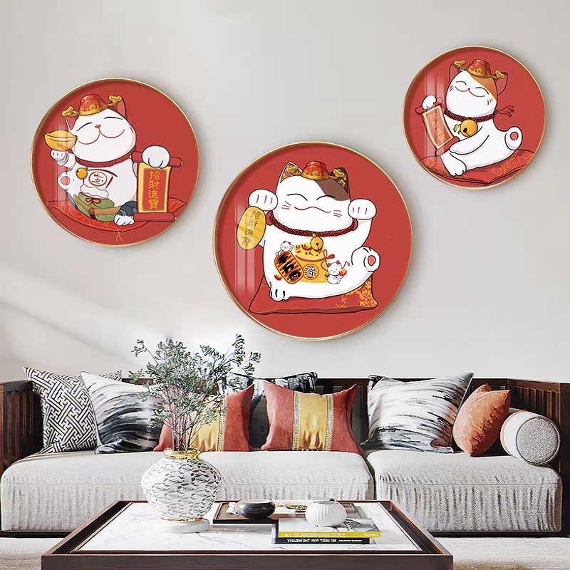 招财猫装饰画圆形玄关画餐厅饭厅轻奢背景墙客厅画办公室走廊挂画