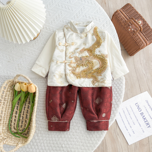 小月龄新中式分体套装春秋款唐装男宝抓周服衣服唐装国风龙拜年服