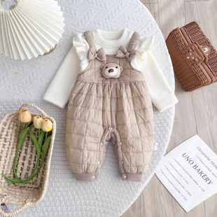 婴儿秋冬装两件套夹棉背带裤连体衣初冬加绒打底衫女宝宝分体套装