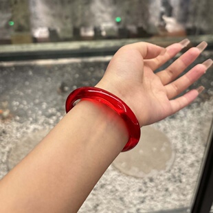【贵妃】纯天然原石红色水晶手镯女冰种玉髓玉镯子高冰透手串手链