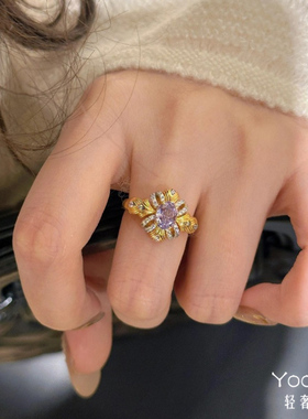 Yooper纯银紫荆缎带繁花满戒指耳钉项链s925轻奢精致气质复古套装