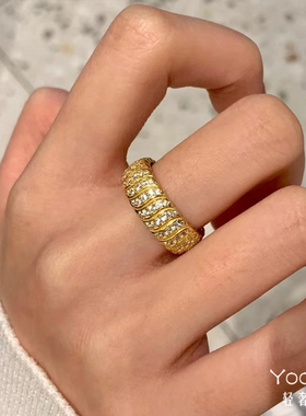 Yooper纯银中古风镶嵌满钻圆弧排指女s925轻奢精致气质指环2025