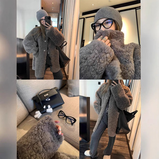 中长款皮毛一体外套女2025年冬季宽松羊羔毛环保毛皮草上衣毛领