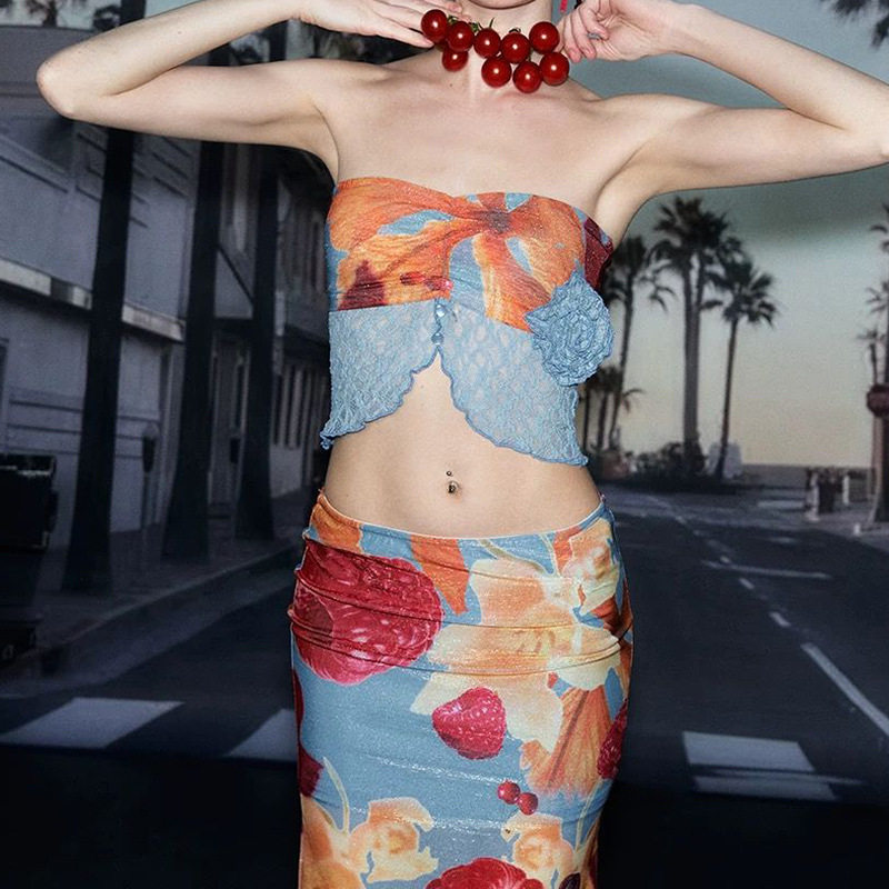 海岛度假性感辣妹套装女夏季抹胸上衣修身侧开叉中长半身裙两件套