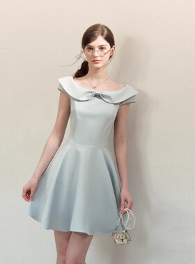 QDQD 气质一字肩黑色连衣裙夏季新款收腰显瘦法式高级感蓬蓬短裙