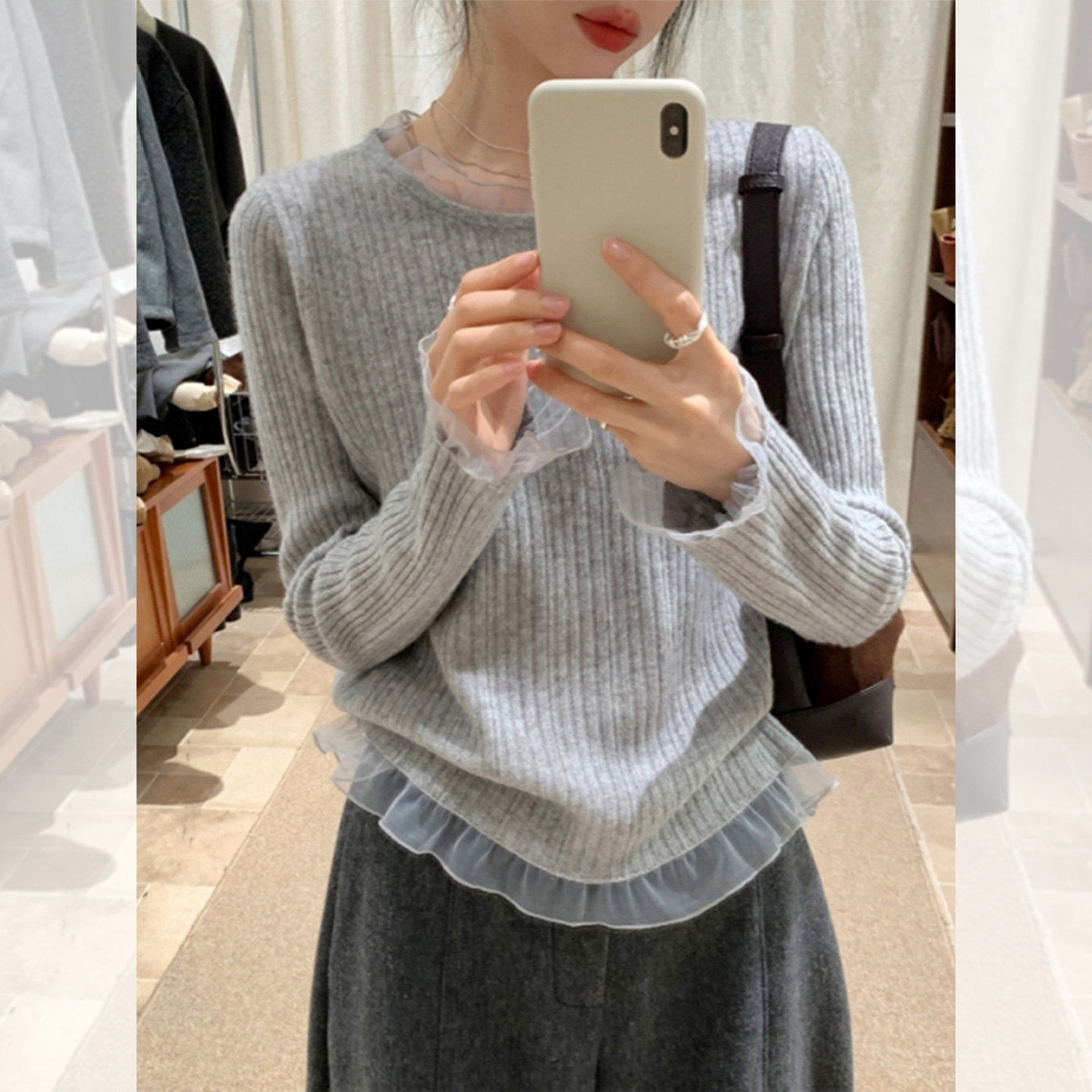韩系灰色蕾丝长袖针织打底衫女秋冬内搭小个子超好看独特漂亮上衣,个性定制/设计服务/DIY,棉服工装,淘宝优惠券,粉丝福利购,淘宝优惠卷