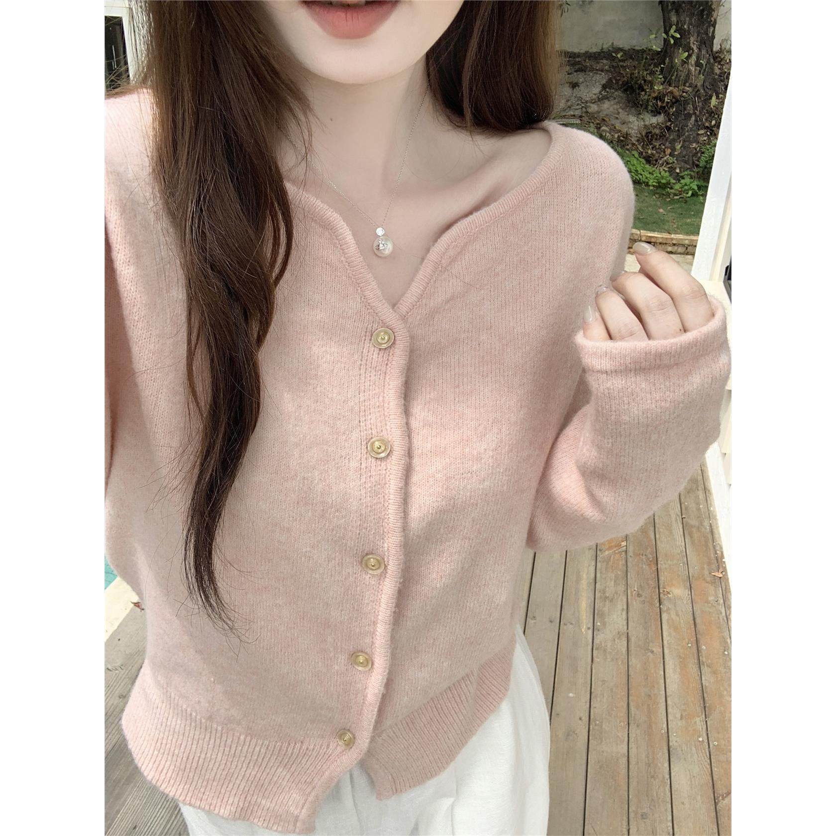 初秋新款蜜桃粉软糯针织毛衣开衫外套女别致洋气v领显瘦短款上衣,个性定制/设计服务/DIY,棉服工装,淘宝优惠券,粉丝福利购,淘宝优惠卷