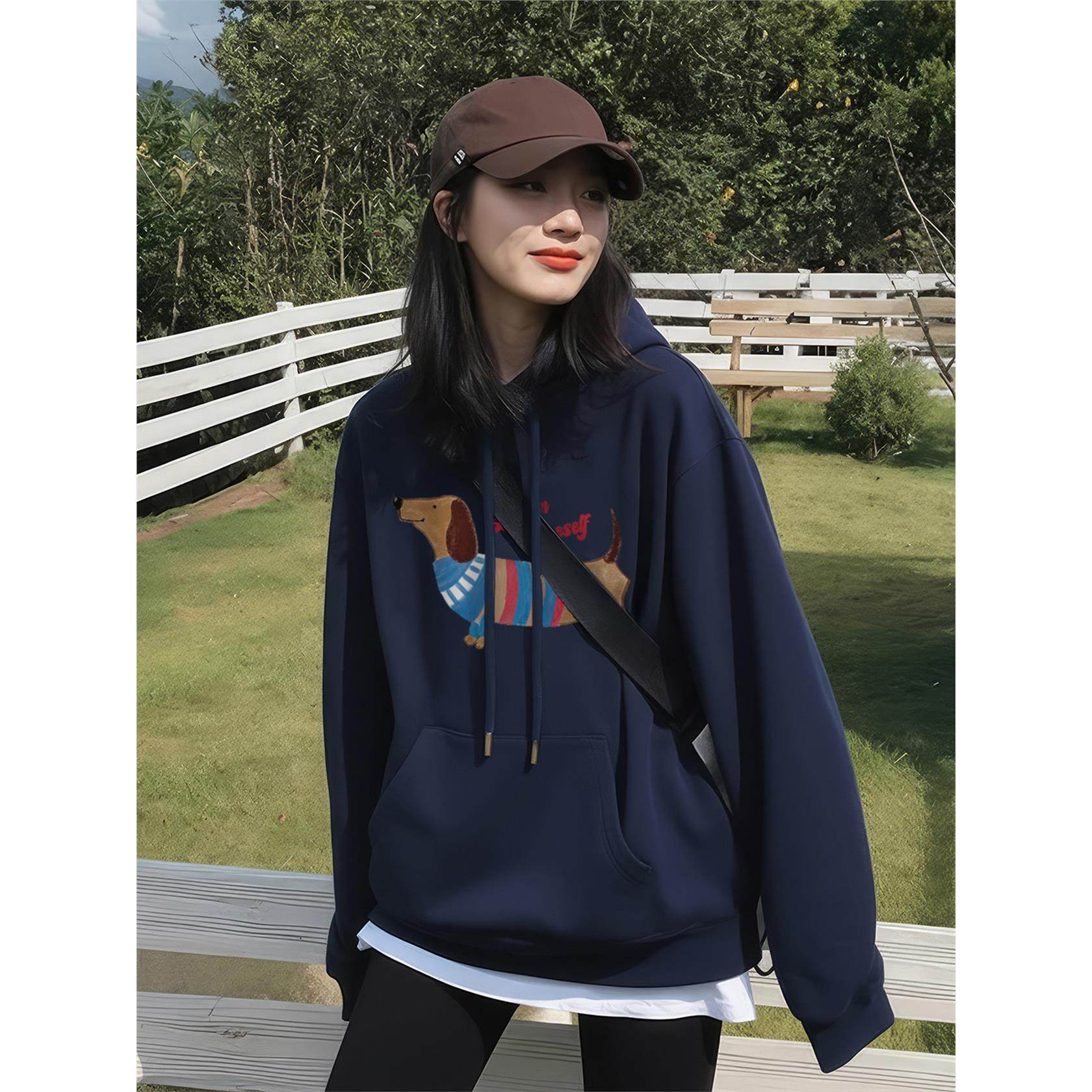 加绒连帽卫衣女2025秋冬新款加厚藏蓝色巨好看长袖上衣宽松慵懒风