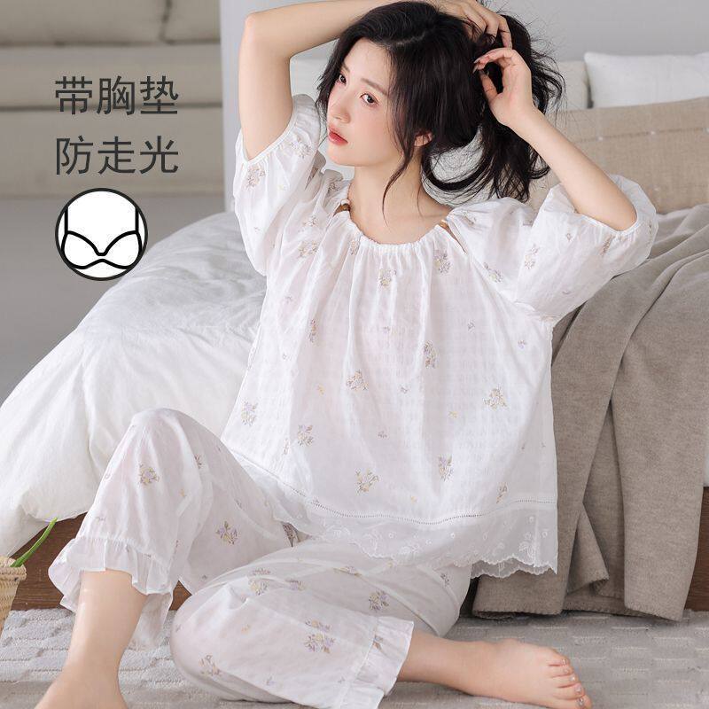带胸垫圆领套头碎花纯棉半袖长裤睡衣女士薄款简约休闲家居服套装