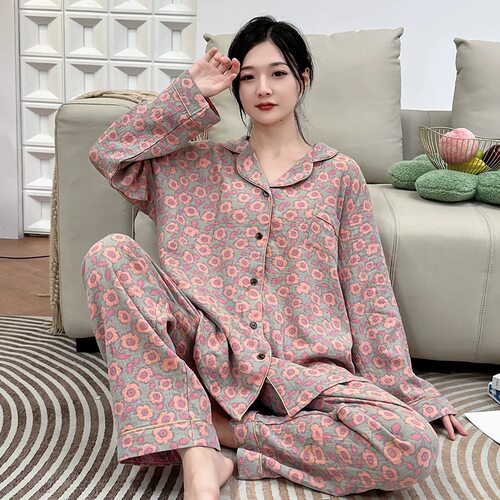 宽松大码双层纯棉纱布睡衣女春秋翻领印花家居服胖MM2-300斤套装