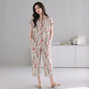 简约高级感纯棉短袖七分裤带胸垫睡衣女士薄款宽松开衫可外穿套装