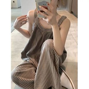家居服套装 夏季 纯棉睡衣女士薄款 新款 韩系休闲ins风条纹吊带长裤