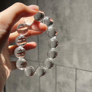 泡泡天然原矿白水晶圆珠手链冰透单圈牛鼻孔手串全净体男女款 百搭