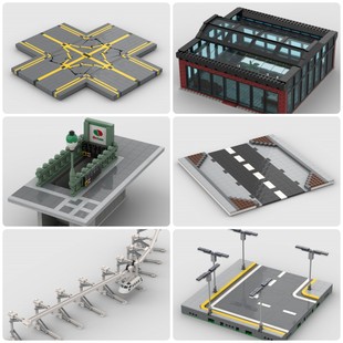 定制积木创意设计火车站地铁入口机场X滑行道车带的街道单轨列车