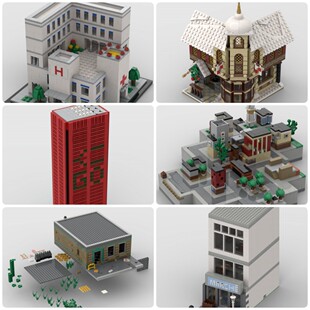 定制积木创意设计医院建筑商店倾斜摩天大楼冬日村披萨店大红楼