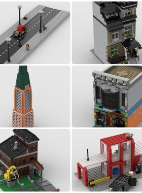 定制积木创意设计摩天大楼锯木厂城市银行冲浪商店HotRod改装车